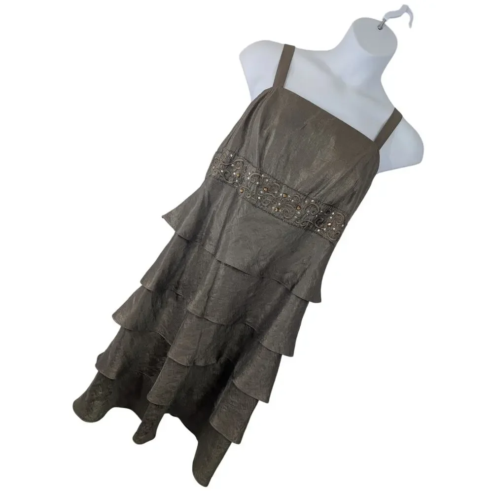 R & M RICHARDS! PALE GREEN/GRAY JEWELED/BEADED, TIERED SKIRT SHIMMERY DRESS! 18W